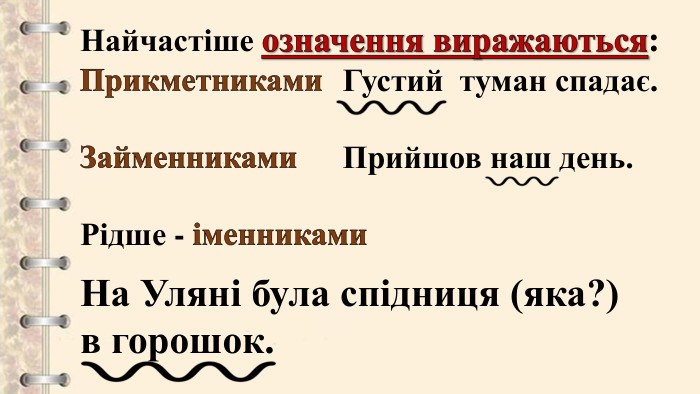 Найчастіше означення виражаються: Прикметниками Густий туман спадає. Займенниками	Прийшов наш день. Рідше - іменниками На Уляні була спідниця (яка?) в горошок.