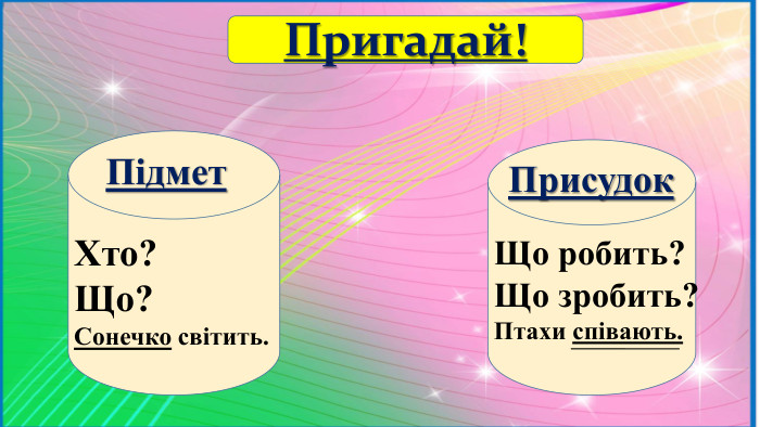 Пригадай!Присудок. Підмет. Хто?Що?Сонечко світить. Що робить?Що зробить?Птахи співають.