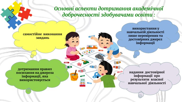 Основні аспекти дотримання академічної доброчесності здобувачами освіти :самостійне виконання завдань використання у навчальній діяльності лише перевірених та достовірних джерел інформаціїдотримання правил посилання на джерела інформації, яка використовуєтьсянадання достовірної інформації про результати власної навчальної діяльності