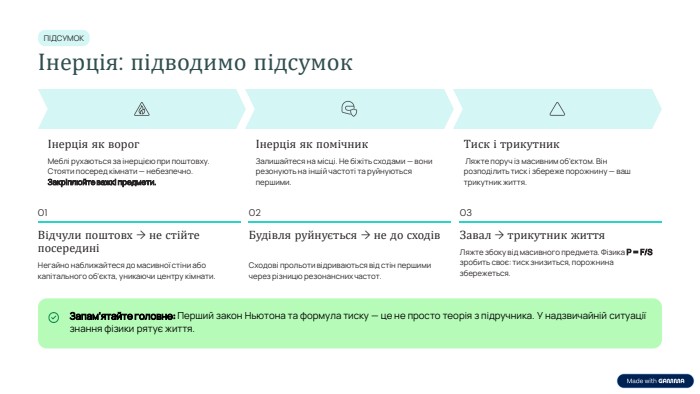 ПІДСУМОКІнерція: підводимо підсумок Інерція як ворог. Меблі рухаються за інерцією при поштовху. Стояти посеред кімнати — небезпечно. Закріплюйте важкі предмети. Інерція як помічник. Залишайтеся на місці. Не біжіть сходами — вони резонують на іншій частоті та руйнуються першими. Тиск і трикутник Ляжте поруч із масивним об'єктом. Він розподілить тиск і збереже порожнину — ваш трикутник життя.01 Відчули поштовх → не стійте посерединіНегайно наближайтеся до масивної стіни або капітального об'єкта, уникаючи центру кімнати.02 Будівля руйнується → не до сходів. Сходові прольоти відриваються від стін першими через різницю резонансних частот.03 Завал → трикутник життя. Ляжте збоку від масивного предмета. Фізика P = F/S зробить своє: тиск знизиться, порожнина збережеться. Запам'ятайте головне: Перший закон Ньютона та формула тиску — це не просто теорія з підручника. У надзвичайній ситуації знання фізики рятує життя.