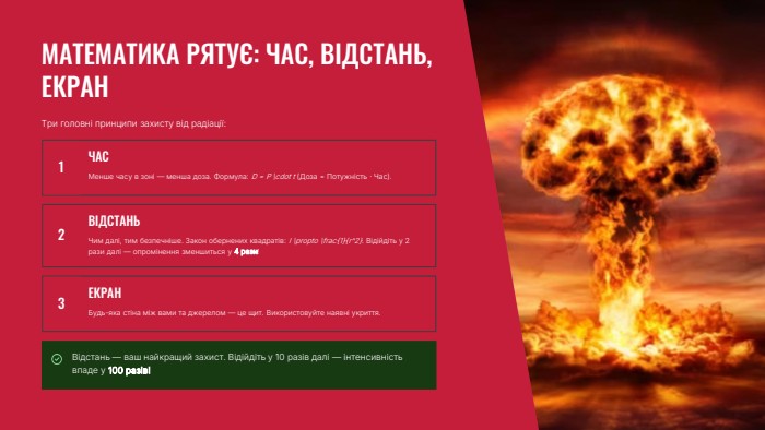  МАТЕМАТИКА РЯТУЄ: ЧАС, ВІДСТАНЬ, ЕКРАНТри головні принципи захисту від радіації: 1 ЧАСМенше часу в зоні — менша доза. Формула: D = P \cdot t (Доза = Потужність · Час). 2 ВІДСТАНЬЧим далі, тим безпечніше. Закон обернених квадратів: I \propto \frac{1}{r^2}. Відійдіть у 2 рази далі — опромінення зменшиться у 4 рази! 3 ЕКРАНБудь-яка стіна між вами та джерелом — це щит. Використовуйте наявні укриття. Відстань — ваш найкращий захист. Відійдіть у 10 разів далі — інтенсивність впаде у 100 разів!