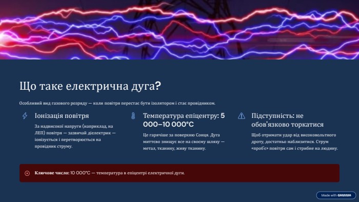  Що таке електрична дуга?Особливий вид газового розряду — коли повітря перестає бути ізолятором і стає провідником. Іонізація повітря. За надвисокої напруги (наприклад, на ЛЕП) повітря — зазвичай діелектрик — іонізується і перетворюється на провідник струму. Температура епіцентру: 5 000–10 000°CЦе гарячіше за поверхню Сонця. Дуга миттєво знищує все на своєму шляху — метал, тканину, живу тканину. Підступність: не обов'язково торкатися. Щоб отримати удар від високовольтного дроту, достатньо наблизитися. Струм «проб'є» повітря сам і стрибне на людину. Ключове число: 10 000°C — температура в епіцентрі електричної дуги.