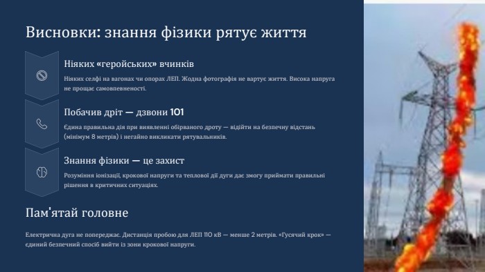  Висновки: знання фізики рятує життя Ніяких «геройських» вчинків. Ніяких селфі на вагонах чи опорах ЛЕП. Жодна фотографія не вартує життя. Висока напруга не прощає самовпевненості. Побачив дріт — дзвони 101Єдина правильна дія при виявленні обірваного дроту — відійти на безпечну відстань (мінімум 8 метрів) і негайно викликати рятувальників. Знання фізики — це захист. Розуміння іонізації, крокової напруги та теплової дії дуги дає змогу приймати правильні рішення в критичних ситуаціях. Пам'ятай головне. Електрична дуга не попереджає. Дистанція пробою для ЛЕП 110 к. В — менше 2 метрів. «Гусячий крок» — єдиний безпечний спосіб вийти із зони крокової напруги.
