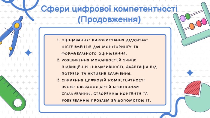 Сфери цифрової компетентності (Продовження)Оцінювання: використання діджитал-інструментів для моніторингу та формувального оцінювання. Розширення можливостей учнів: підвищення інклюзивності, адаптація під потреби та активне залучення. Сприяння цифровій компетентності учнів: навчання дітей безпечному спілкуванню, створенню контенту та розв'язанню проблем за допомогою IT. 