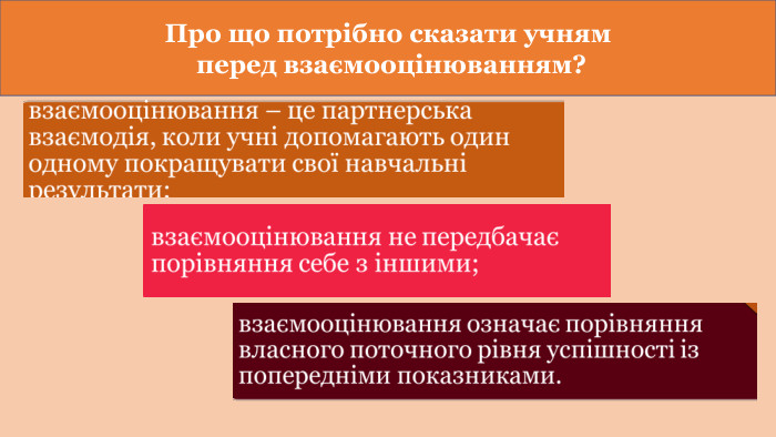 Про що потрібно сказати учням перед взаємооцінюванням?
