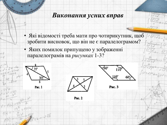Виконання усних вправ	Які відомості треба мати про чотирикутник, щоб зробити висновок, що він не є паралелограмом?	Яких помилок припущено у зображенні паралелограмів на рисунках 1-3?