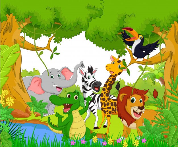 Мультфильм животных в джунглях | Премиум векторы