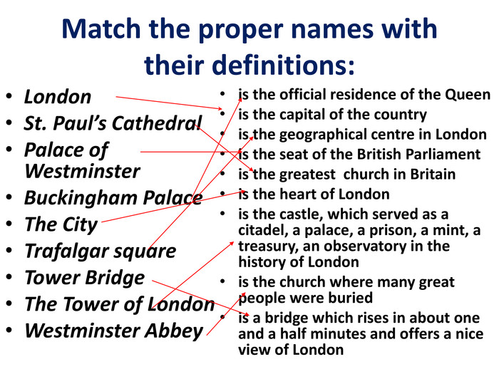 Match the proper names with their definitions: London  St. Paul’s Cathedral  Palace of Westminster  Buckingham Palace  The City  Trafalgar square  Tower Bridge  The Tower of London  Westminster Abbey  is the official residence of the Queenis the capital of the country is the geographical centre in London is the seat of the British Parliament is the greatest  church in Britain is the heart of London is the castle, which served as a citadel, a palace, a prison, a mint, a treasury, an observatory in the history of Londonis the church where many great people were buriedis a bridge which rises in about one and a half minutes and offers a nice view of London	 