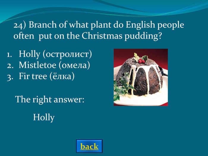 The right answer: Holly Holly (остролист) Mistletoe (омела) Fir tree (ёлка) 24) Branch of what plant do English people often  put on the Christmas pudding? back 