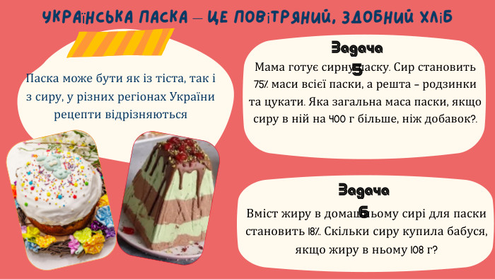 Українська паска — це повітряний, здобний хліб. Паска може бути як із тіста, так і з сиру, у різних регіонах України рецепти відрізняються. Мама готує сирну паску. Сир становить 75% маси всієї паски, а решта — родзинки та цукати. Яка загальна маса паски, якщо сиру в ній на 400 г більше, ніж добавок?. Задача 5 Вміст жиру в домашньому сирі для паски становить 18%. Скільки сиру купила бабуся, якщо жиру в ньому 108 г?Задача 6