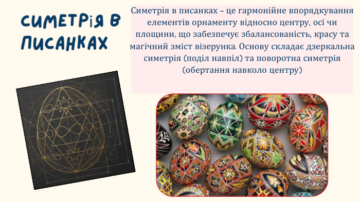 Симетрія в писанках. Симетрія в писанках — це гармонійне впорядкування елементів орнаменту відносно центру, осі чи площини, що забезпечує збалансованість, красу та магічний зміст візерунка. Основу складає дзеркальна симетрія (поділ навпіл) та поворотна симетрія (обертання навколо центру)