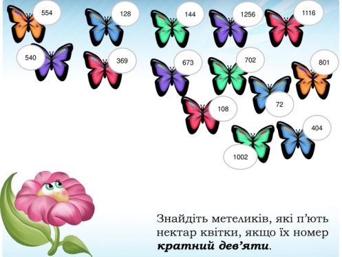 Знайдіть метеликів, які п’ють нектар квітки, якщо їх номер кратний дев’яти.55412854036914467310870212561116100272801404