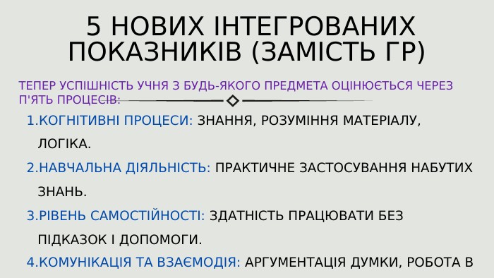 КОГНІТИВНІ ПРОЦЕСИ: ЗНАННЯ, РОЗУМІННЯ МАТЕРІАЛУ, ЛОГІКА. НАВЧАЛЬНА ДІЯЛЬНІСТЬ: ПРАКТИЧНЕ ЗАСТОСУВАННЯ НАБУТИХ ЗНАНЬ. РІВЕНЬ САМОСТІЙНОСТІ: ЗДАТНІСТЬ ПРАЦЮВАТИ БЕЗ ПІДКАЗОК І ДОПОМОГИ. КОМУНІКАЦІЯ ТА ВЗАЄМОДІЯ: АРГУМЕНТАЦІЯ ДУМКИ, РОБОТА В КОМАНДІ. ЧАСТОТА ВИЯВУ ВМІНЬ: СИСТЕМНІСТЬ ТА СТАБІЛЬНІСТЬ РЕЗУЛЬТАТІВ. 5 НОВИХ ІНТЕГРОВАНИХ ПОКАЗНИКІВ (ЗАМІСТЬ ГР)ТЕПЕР УСПІШНІСТЬ УЧНЯ З БУДЬ-ЯКОГО ПРЕДМЕТА ОЦІНЮЄТЬСЯ ЧЕРЕЗ П'ЯТЬ ПРОЦЕСІВ: