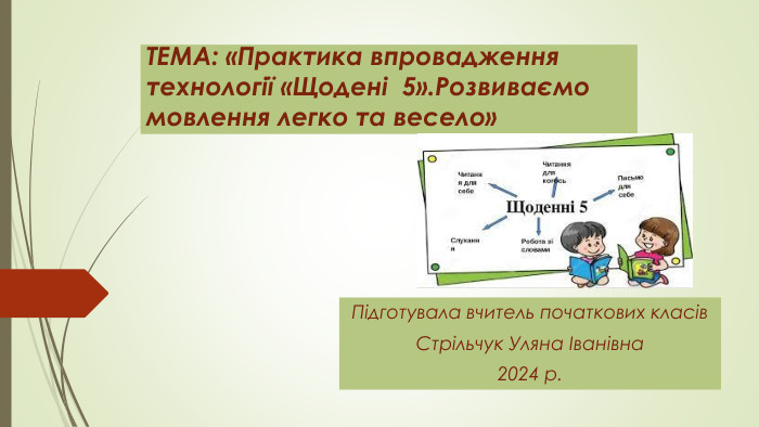 ТЕМА: «Практика впровадження технології «Щодені 5». Розвиваємо мовлення легко та весело»Підготувала вчитель початкових класів. Стрільчук Уляна Іванівна2024 р.