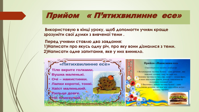  Прийом « П’ятихвилинне есе» Використовую в кінці уроку, щоб допомогти учням краще зрозуміти свої думки з вивченої теми . Перед учнями ставлю два завдання:1)Написати про якусь одну річ, про яку вони дізналися з теми. 2)Написати одне запитання, яке у них виникло. у