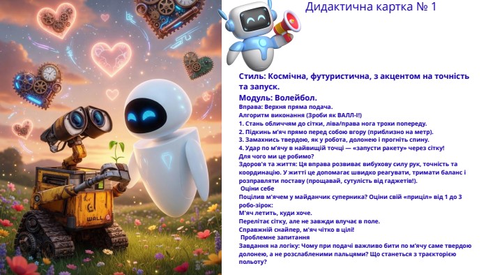 Стиль: Космічна, футуристична, з акцентом на точність та запуск. Модуль: Волейбол. Вправа: Верхня пряма подача. Алгоритм виконання (Зроби як ВАЛЛ-І!)1. Стань обличчям до сітки, ліва/права нога трохи попереду.2. Підкинь м’яч прямо перед собою вгору (приблизно на метр).3. Замахнись твердою, як у робота, долонею і прогніть спину.4. Удар по м’ячу в найвищій точці — «запусти ракету» через сітку!Для чого ми це робимо?Здоров'я та життя: Ця вправа розвиває вибухову силу рук, точність та координацію. У житті це допомагає швидко реагувати, тримати баланс і розправляти поставу (прощавай, сутулість від гаджетів!). Оціни себе. Поцілив м'ячем у майданчик суперника? Оціни свій «приціл» від 1 до 3 робо-зірок: М'яч летить, куди хоче. Перелітає сітку, але не завжди влучає в поле. Справжній снайпер, м'яч чітко в цілі! Проблемне запитання. Завдання на логіку: Чому при подачі важливо бити по м’ячу саме твердою долонею, а не розслабленими пальцями? Що станеться з траєкторією польоту?Дидактична картка № 1