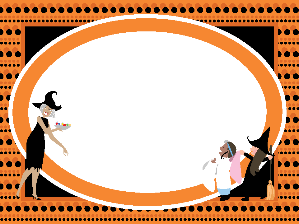 Черно-оранжевый прямоугольник с овальной фигурой внутри и изображениями улыбающейся ведьмы (слева внизу), предлагающей конфеты двум детям в костюмах ангела и ведьмы (справа внизу)