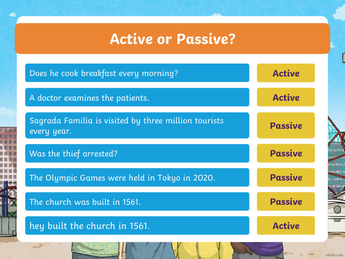 Active or Passive?Does he cook breakfast every morning?A doctor examines the patients. Sagrada Familia is visited by three million tourists every year. Was the thief arrested?The Olympic Games were held in Tokyo in 2020. The church was built in 1561.hey built the church in 1561. Active. Active. Passive. Passive. Passive. Passive. Activeppt_xppt_xppt_xppt_xppt_xppt_xppt_x