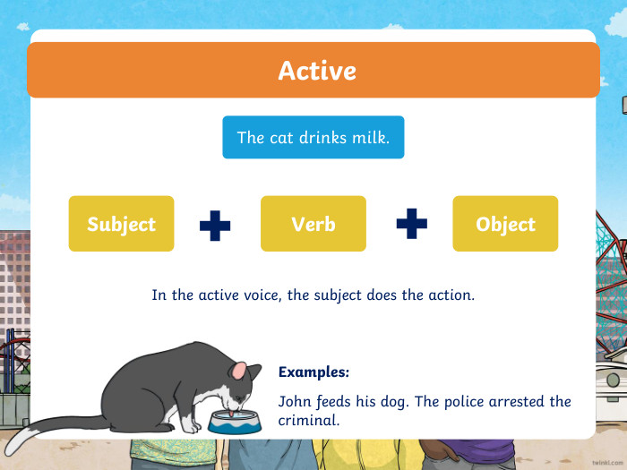  Active The cat drinks milk. Subject. Verb. Object. Examples: John feeds his dog. The police arrested the criminal. In the active voice, the subject does the action.ppt_x