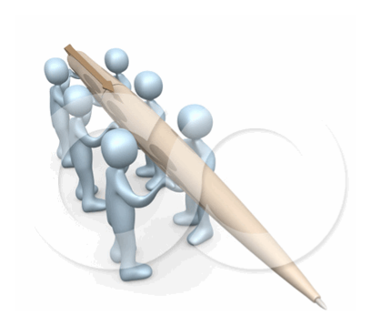 15363-Group-Of-People-Working-Together-To-Hold-A-Giant-Pen-To-Compose-A-Newsletter-Or-Article-Clipart-Illustration-Image.jpg