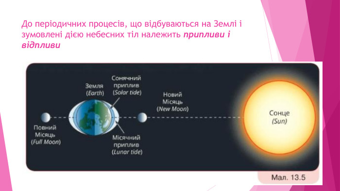 До періодичних процесів, що відбуваються на Землі і зумовлені дією небесних тіл належить припливи і відпливи