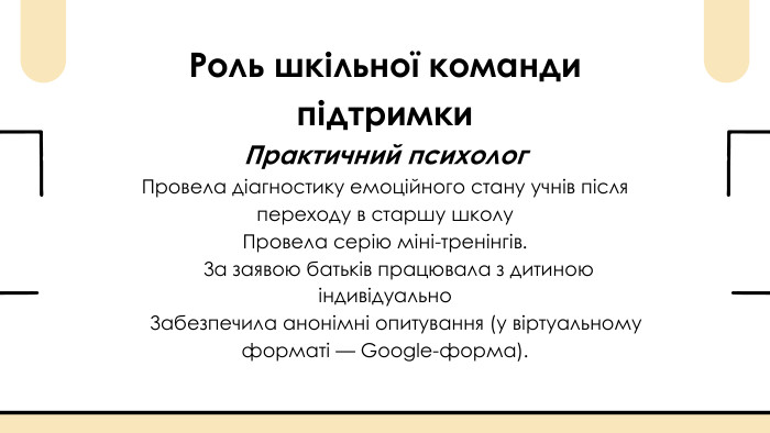 Роль шкільної команди підтримки. Практичний психолог. Провела діагностику емоційного стану учнів після переходу в старшу школу. Провела серію міні-тренінгів. За заявою батьків працювала з дитиною індивідуально Забезпечила анонімні опитування (у віртуальному форматі — Google-форма).