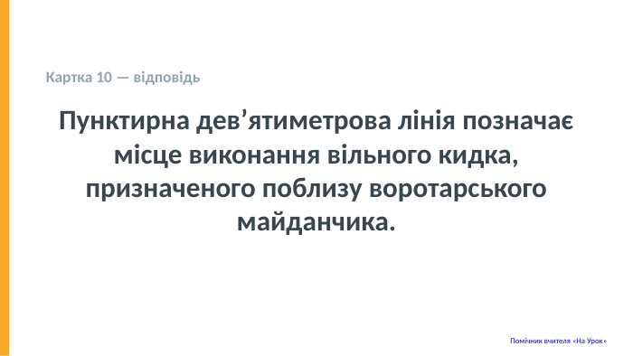  Картка 10 — відповідь Пунктирна дев’ятиметрова лінія позначає місце виконання вільного кидка, призначеного поблизу воротарського майданчика. Помічник вчителя «На Урок» 