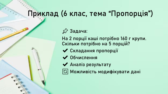 Приклад (6 клас, тема “Пропорція”)📌 Задача: На 2 порції каші потрібно 160 г крупи. Скільки потрібно на 5 порцій?✔️ Складання пропорції✔️ Обчислення✔️ Аналіз результату🔄 Можливість модифікувати дані