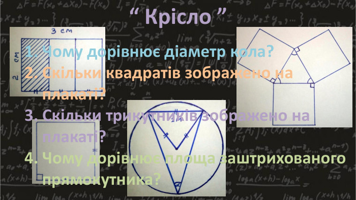 “ Крісло ”1. Чому дорівнює діаметр кола?2. Скільки квадратів зображено на плакаті?3. Скільки трикутників зображено на плакаті?4. Чому дорівнює площа заштрихованого прямокутника?