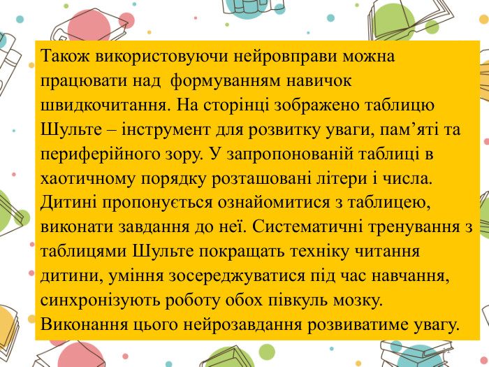 11 Також використовуючи нейровправи можна працювати над формуванням навичок швидкочитання. На сторінці зображено таблицю Шульте – інструмент для розвитку уваги, пам’яті та периферійного зору. У запропонованій таблиці в хаотичному порядку розташовані літери і числа. Дитині пропонується ознайомитися з таблицею, виконати завдання до неї. Систематичні тренування з таблицями Шульте покращать техніку читання дитини, уміння зосереджуватися під час навчання, синхронізують роботу обох півкуль мозку. Виконання цього нейрозавдання розвиватиме увагу.