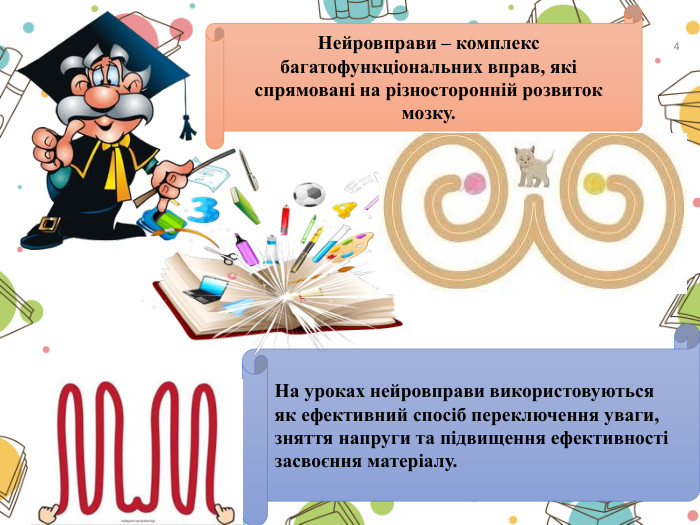 На уроках нейровправи використовуються як ефективний спосіб переключення уваги, зняття напруги та підвищення ефективності засвоєння матеріалу. Нейровправи – комплекс багатофункціональних вправ, які спрямовані на різносторонній розвиток мозку.4