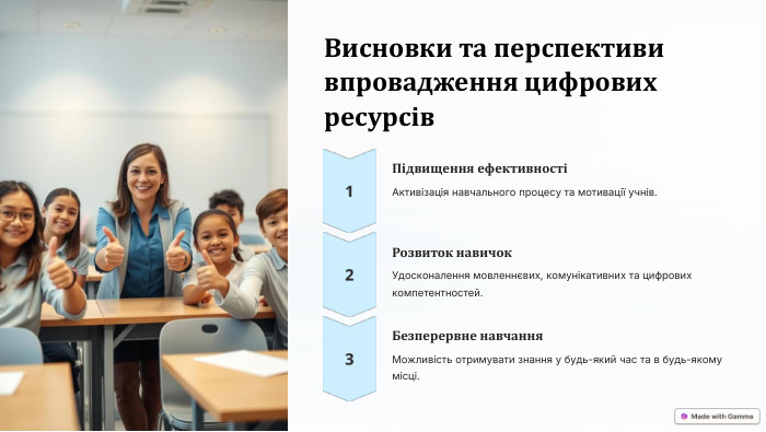  Висновки та перспективи впровадження цифрових ресурсів Підвищення ефективностіАктивізація навчального процесу та мотивації учнів. Розвиток навичок. Удосконалення мовленнєвих, комунікативних та цифрових компетентностей. Безперервне навчання. Можливість отримувати знання у будь-який час та в будь-якому місці.