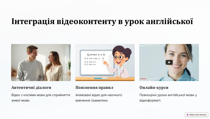 Інтеграція відеоконтенту в урок англійської Автентичні діалоги. Відео з носіями мови для сприйняття живої мови. Пояснення правил. Анімовані відео для наочного вивчення граматики. Онлайн-курси. Повноцінні уроки англійської мови у відеоформаті.