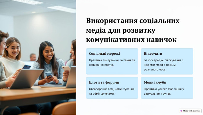  Використання соціальних медіа для розвитку комунікативних навичок. Соціальні мережіПрактика листування, читання та написання постів. Відеочати. Безпосереднє спілкування з носіями мови в режимі реального часу. Блоги та форуми. Обговорення тем, коментування та обмін думками. Мовні клуби. Практика усного мовлення у віртуальних групах.