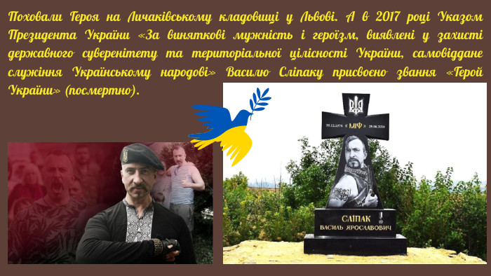 Поховали Героя на Личаківському кладовищі у Львові. А в 2017 році Указом Президента України «За виняткові мужність і героїзм, виявлені у захисті державного суверенітету та територіальної цілісності України, самовіддане служіння Українському народові» Василю Сліпаку присвоєно звання «Герой України» (посмертно).