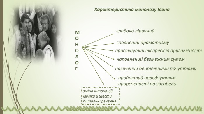 Характеристика монологу Івана. МОНОЛОГ глибоко ліричнийсповнений драматизмупросякнутий експресією пригніченостінаповнений безмежним сумомнасичений бентежними почуттямипройнятий передчуттям приреченості на загибельзміна інтонаційміміка й жестипитальні речення