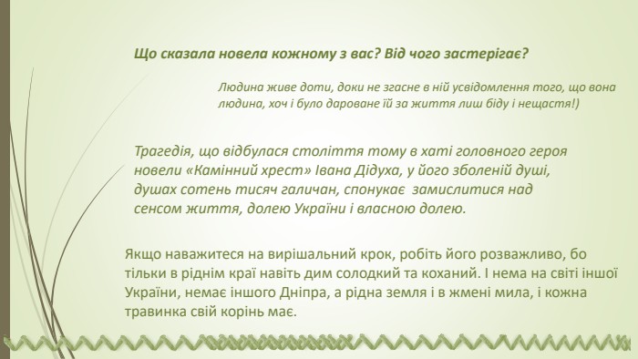 Що сказала новела кожному з вас? Від чого застерігає?Людина живе доти, доки не згасне в ній усвідомлення того, що вона людина, хоч і було дароване їй за життя лиш біду і нещастя!)Трагедія, що відбулася століття тому в хаті головного героя новели «Камінний хрест» Івана Дідуха, у його зболеній душі, душах сотень ти­сяч галичан, спонукає замислитися над сенсом життя, долею Укра­їни і власною долею. Якщо наважитеся на вирішальний крок, робіть його розважливо, бо тільки в ріднім краї на­віть дим солодкий та коханий. І нема на світі іншої України, немає ін­шого Дніпра, а рідна земля і в жмені мила, і кожна травинка свій корінь має.