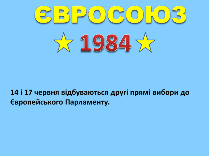 ЄВРОСОЮЗ198414 і 17 червня відбуваються другі прямі вибори до Європейського Парламенту.