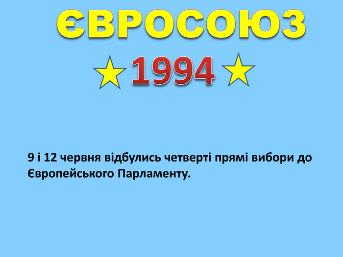 ЄВРОСОЮЗ19949 і 12 червня відбулись четверті прямі вибори до Європейського Парламенту.