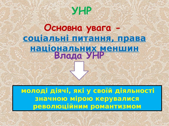 УНРОсновна увага - соціальні питання, права національних меншин. Влада УНР молоді діячі, які у своїй діяльності значною мірою керувалися революційним романтизмом