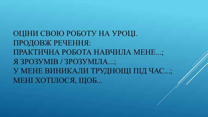 Оціни свою роботу на уроці. Продовж речення: Практична робота навчила мене...;Я зрозумів / зрозуміла...;У мене виникали труднощі під час...;Мені хотілося, щоб...