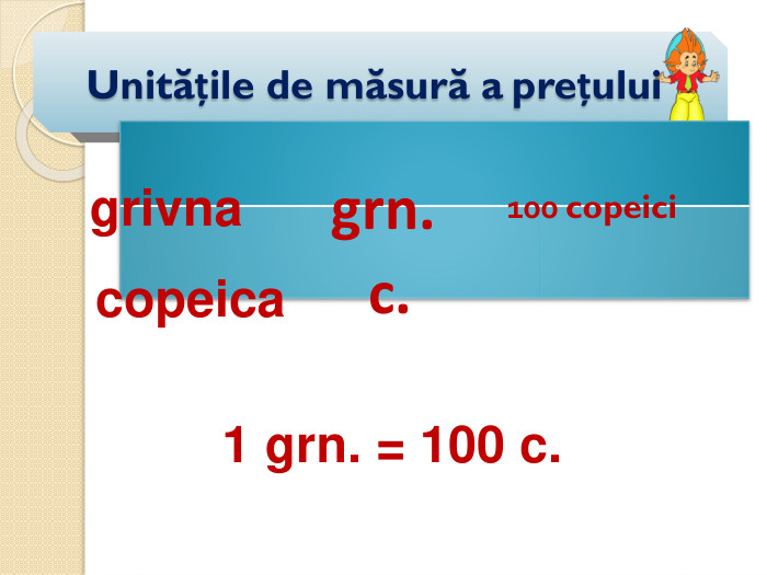 Unitățile de măsură a prețului{D113 A9 D2-9 D6 B-4929-AA2 D-F23 B5 EE8 CBE7}1 grn. = 100 c.grivnacopeicagrn.c.100 copeici