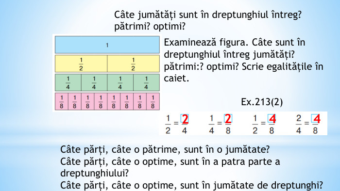 Câte jumătăți sunt în dreptunghiul întreg? pătrimi? optimi?Examinează figura. Câte sunt în dreptunghiul întreg jumătăți? pătrimi:? optimi? Scrie egalitățile în caiet. Ex.213(2)4224 Câte părți, câte o pătrime, sunt în o jumătate?Câte părți, câte o optime, sunt în a patra parte a dreptunghiului?Câte părți, câte o optime, sunt în jumătate de dreptunghi?