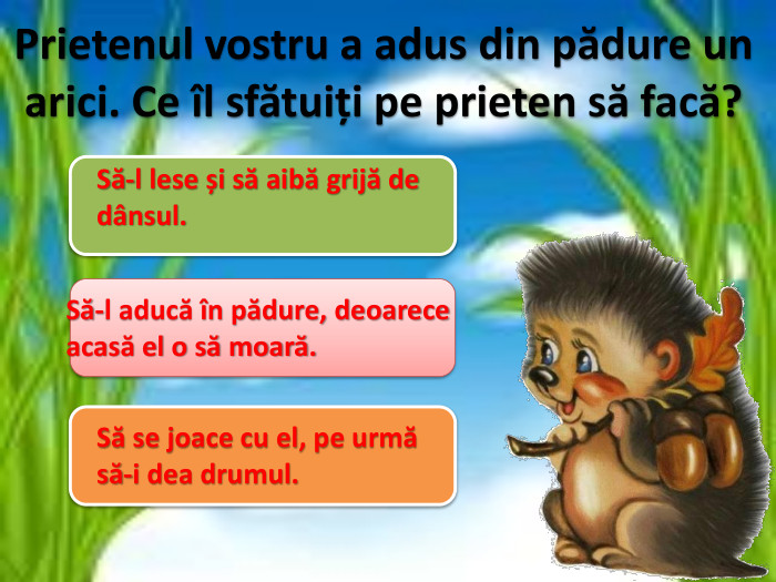 Prietenul vostru a adus din pădure un arici. Ce îl sfătuiți pe prieten să facă?Să-l lese și să aibă grijă de dânsul. Să-l aducă în pădure, deoarece acasă el o să moară. Să se joace cu el, pe urmă să-i dea drumul.