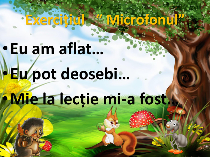 Exercițiul “ Microfonul”Eu am aflat…Eu pot deosebi…Mie la lecție mi-a fost…