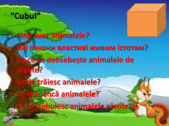 “Cubul”Cine sunt animalele?Які ознаки властиві живим істотам?Cu ce se deosebește animalele de plante?Unde trăiesc animalele?Ce mănâncă animalele?Oare trebuiesc animalele plantelor