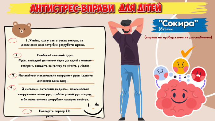  Глибокий плавний вдих. Руки, складені долонями одна до одної з уявною сокирою, заведіть за голову та зігніть у ліктях3. Намагайтеся максимально напружити руки і давити долонями одна одну.5. Повторіть вправу 10 разів. З сильним, активним видихом, максимально напруживши м'язи рук, зробіть різкий рух вперед, ніби намагаючись розрубати сокирою повітря.(вправа на пробудження та розслаблення)(Стоячи)Уявіть, що у вас в руках сокира, за допомогою якої потрібно розрубати дрова.2.4.