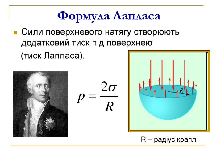 Формула Лапласа Сили поверхневого натягу створюють додатковий тиск під поверхнею     (тиск Лапласа).  R – радіус краплі 