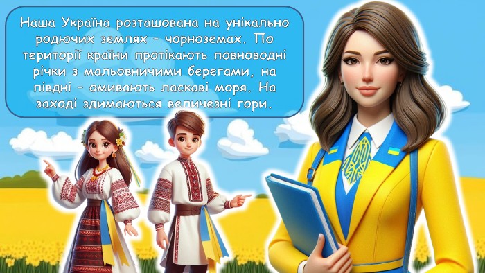 Наша Україна розташована на унікально родючих землях – чорноземах. По території країни протікають повноводні річки з мальовничими берегами, на півдні – омивають ласкаві моря. На заході здимаються величезні гори.