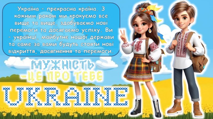 Україна – прекрасна країна. З кожним роком ми крокуємо все вище та вище, здобуваємо нові перемоги та досягаємо успіху. Ви – українці, майбутнє нашої держави та саме за вами будуть стояти нові відкриття, досягнення та перемоги.